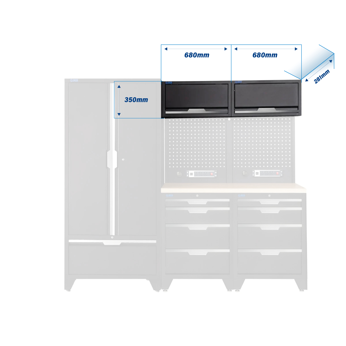 SGS 7pc Modular Garage Storage | 8 Drawers | Plywood Worktop | 2x Upper Cabinets | Tall Double Cabinet | Pegboards with Power Strip
